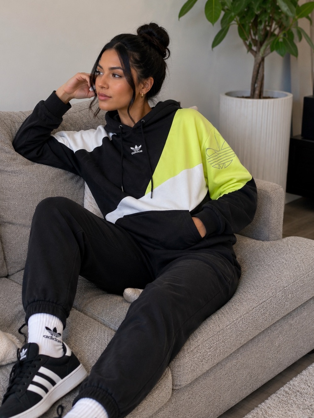 Adidas Originals Colorblock Hoodie | Black/White/Lime | Women’s Small